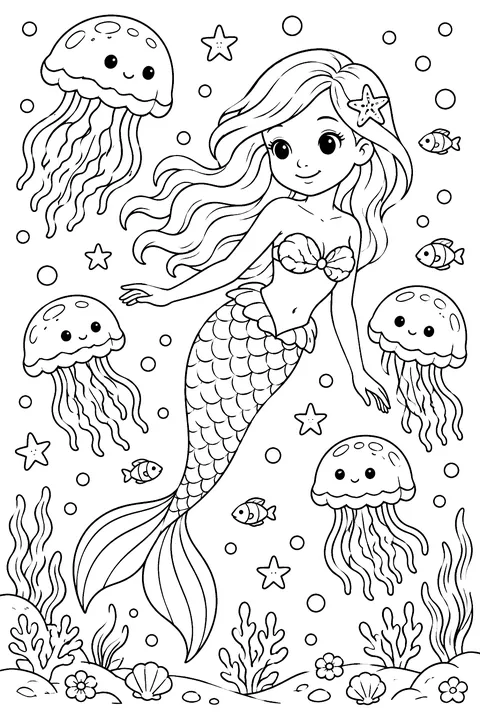 Mermaid swimming among jellyfish coloring page