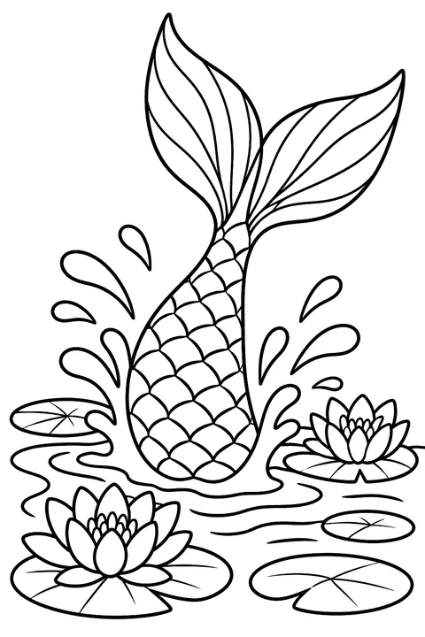 Mermaid tail splashing in a lagoon with water lilies coloring page