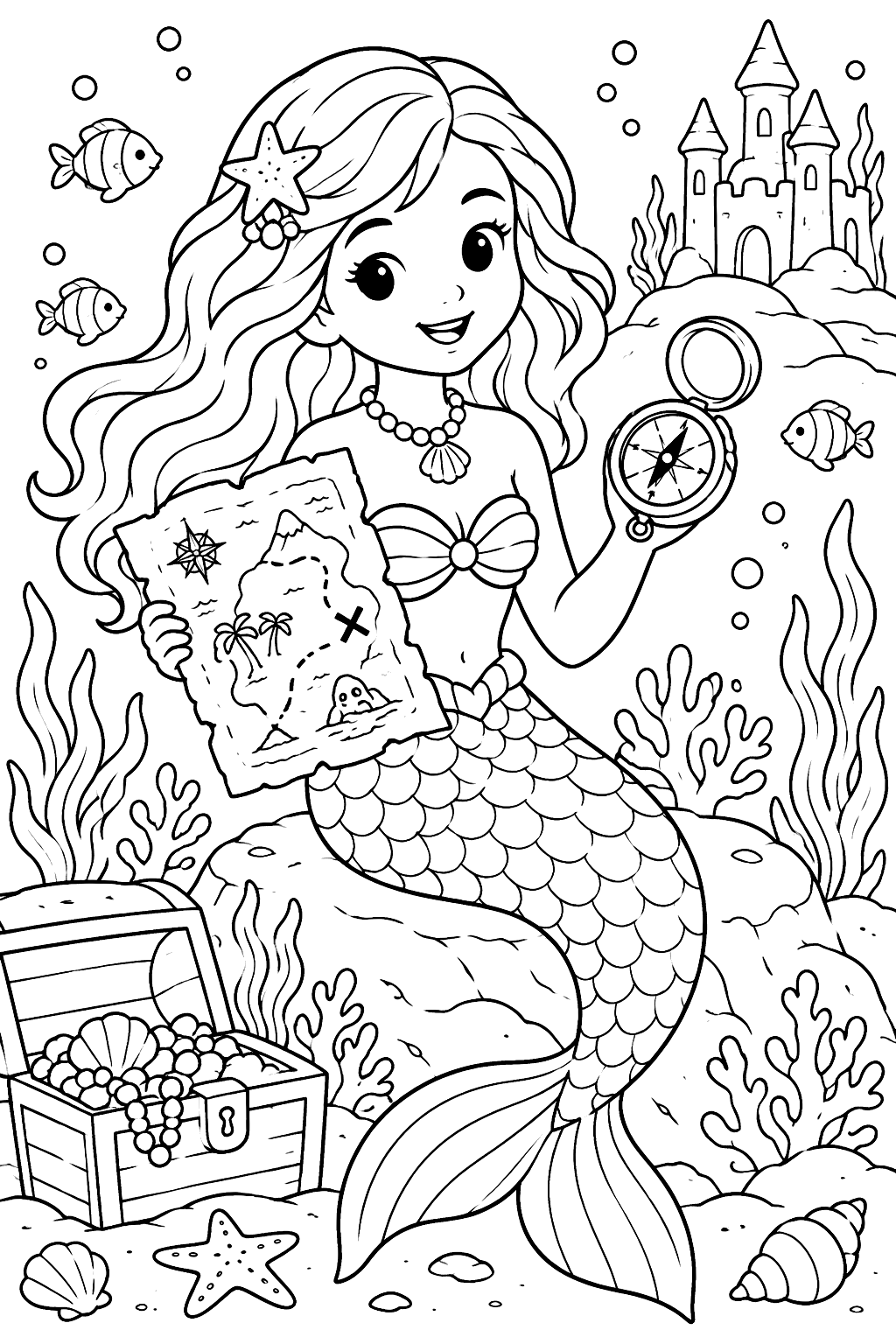 Mermaid with a treasure map and a compass coloring page