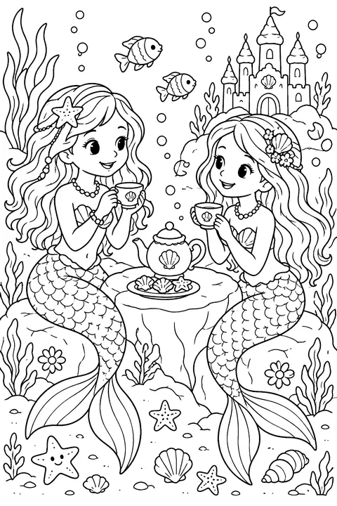 Two mermaid friends having a tea party on the seabed coloring page