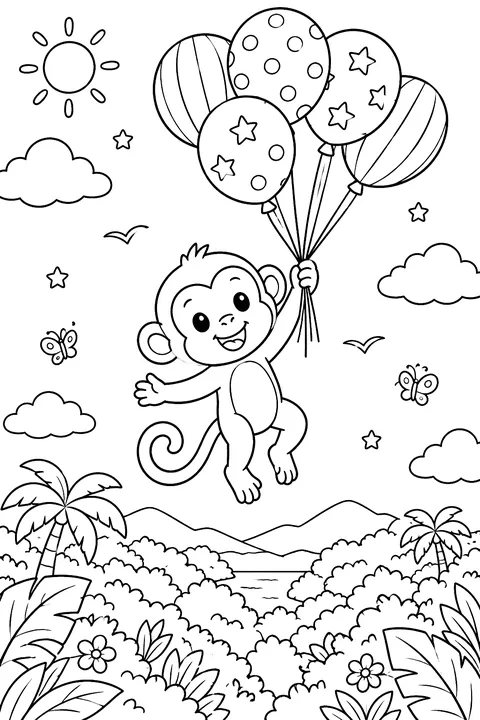 Monkey Floating With Balloons coloring page