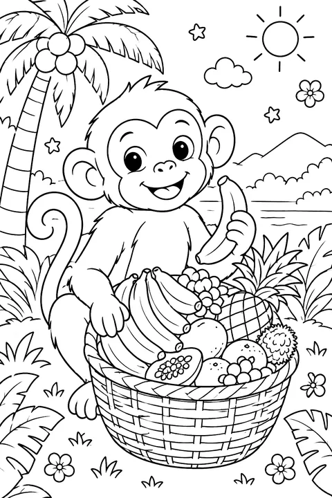 Monkey With a Fruit Basket coloring page