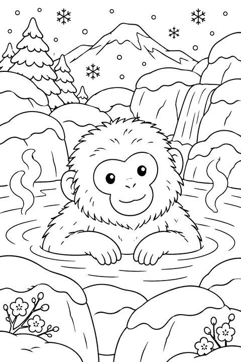 Snow Monkey in a Hot Spring coloring page