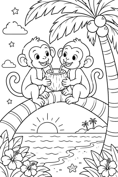 Monkeys Sharing a Coconut coloring page