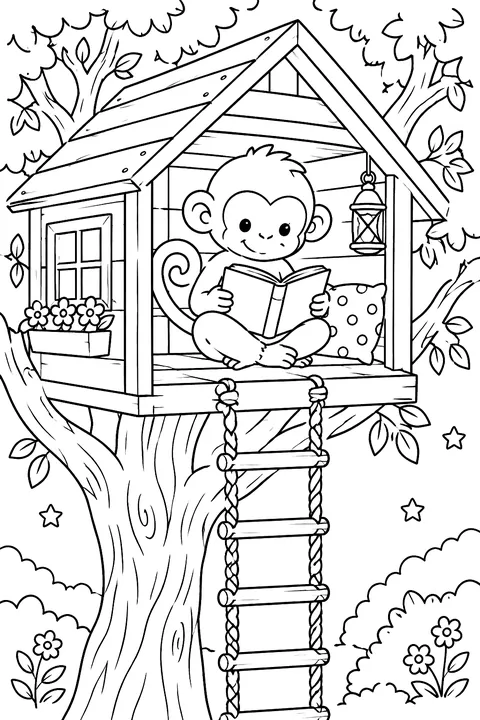 Monkey Reading in a Treehouse coloring page