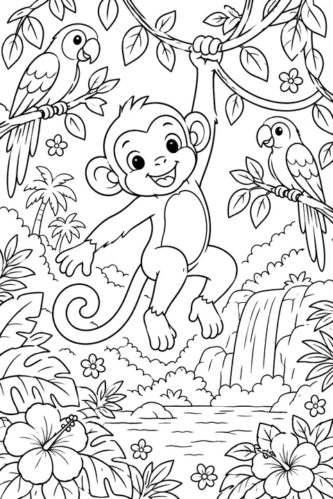Monkey Swinging on Vines coloring page