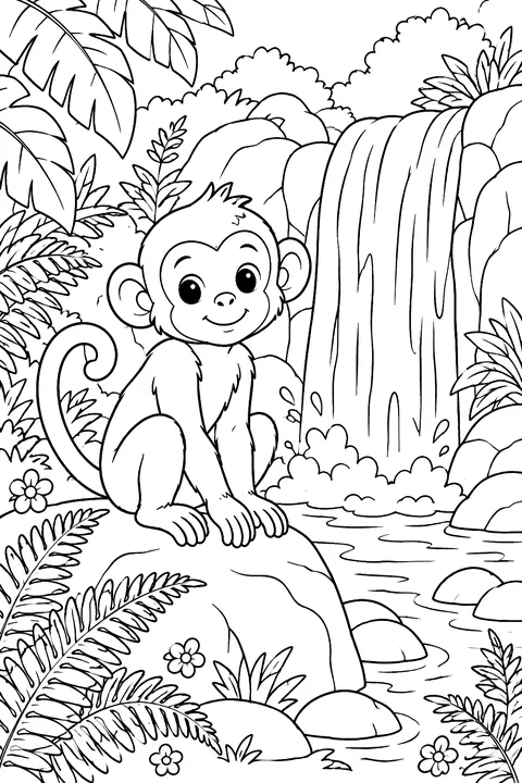 Monkey by the Waterfall coloring page