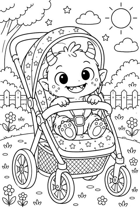 Baby monster in a stroller coloring page