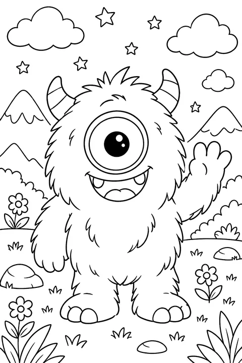Cute fluffy monster with one big eye waving coloring page