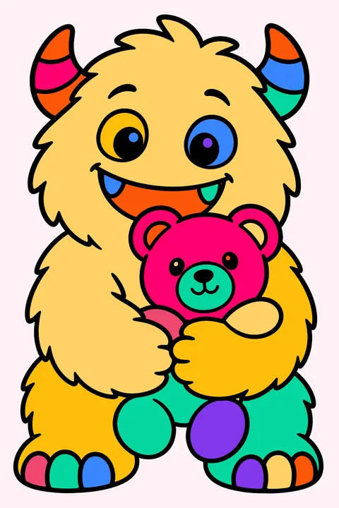 Furry monster hugging a teddy bear coloring page