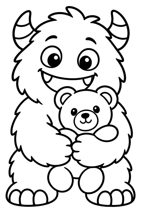 Furry monster hugging a teddy bear coloring page