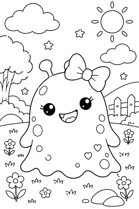 Kawaii blob monster with a bow coloring page