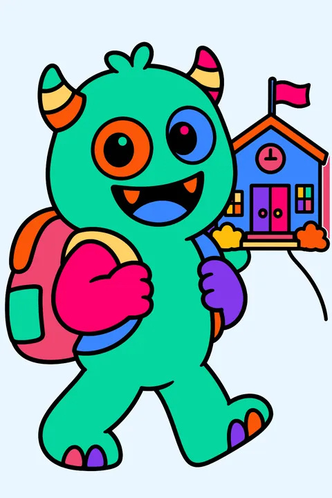 Monster with a backpack going to school coloring page