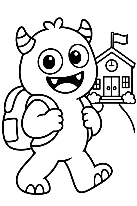 Monster with a backpack going to school coloring page