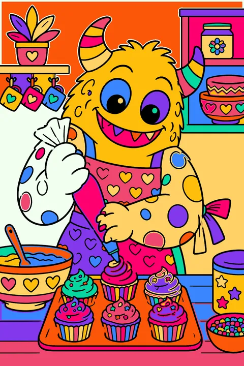 Monster baking cupcakes in a kitchen coloring page