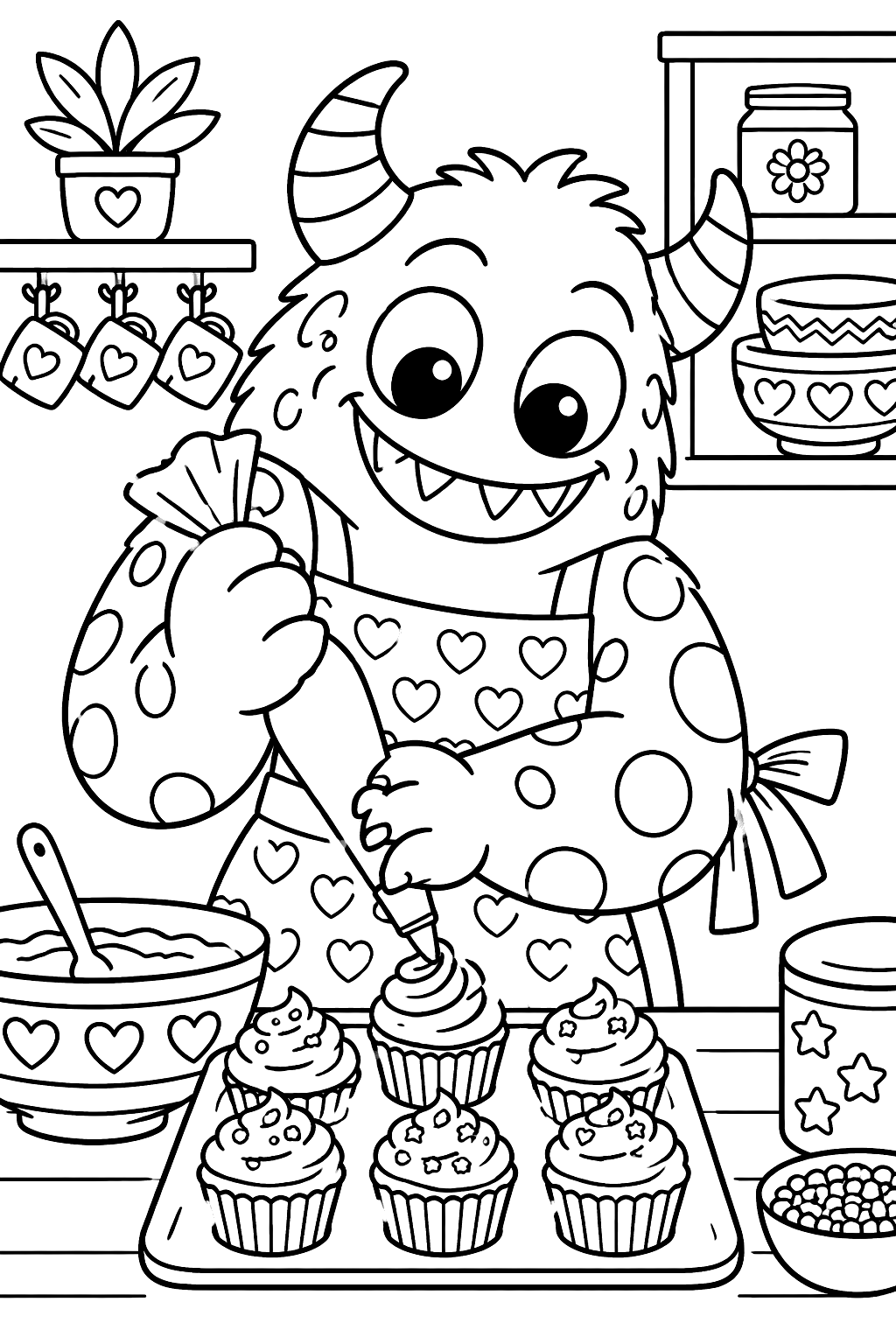 Monster baking cupcakes in a kitchen coloring page