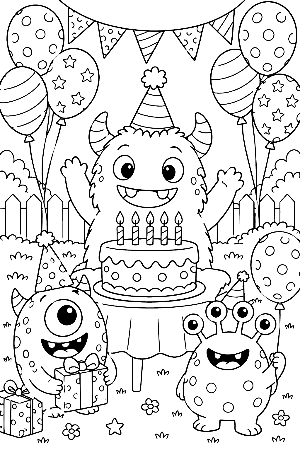 Monster birthday party with balloons coloring page