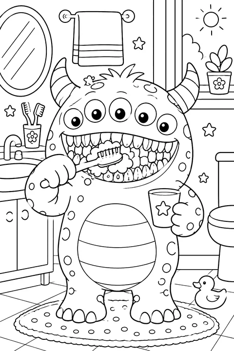 Monster brushing its many teeth coloring page