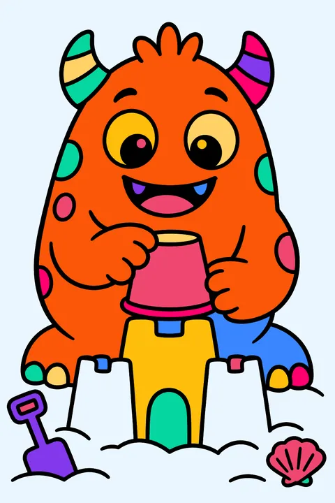 Monster building a sandcastle at the beach coloring page