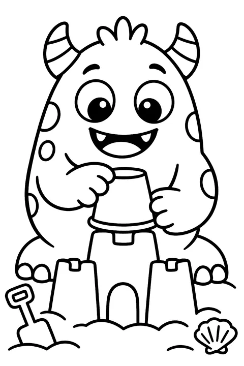 Monster building a sandcastle at the beach coloring page