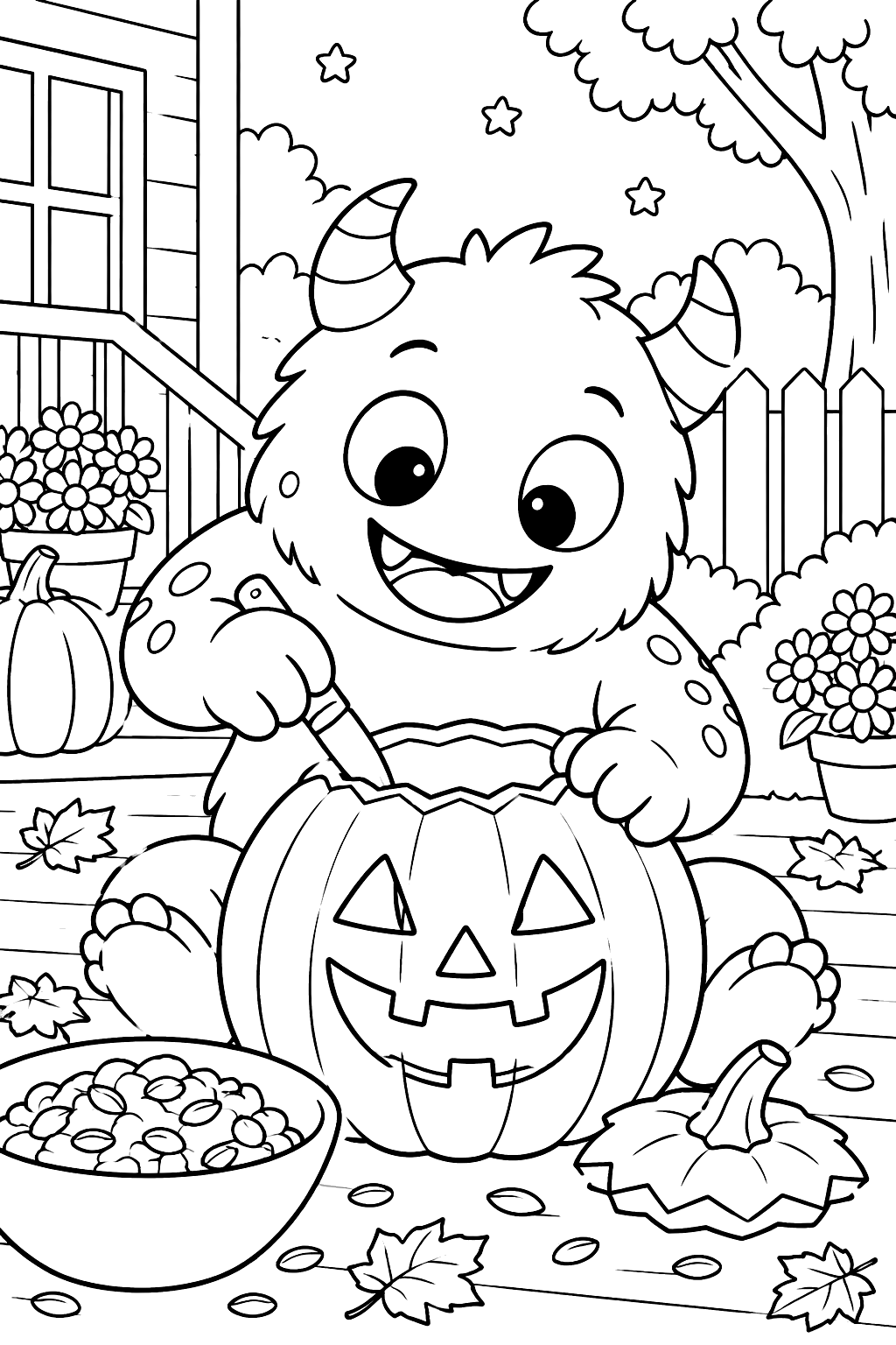 Monster carving a pumpkin coloring page