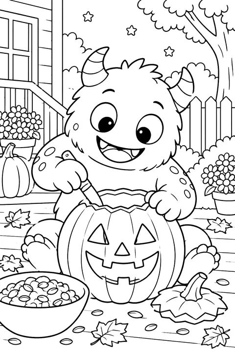 Monster carving a pumpkin coloring page