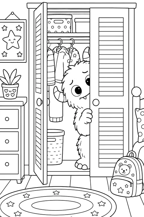 Monster in a closet peeking out shyly coloring page