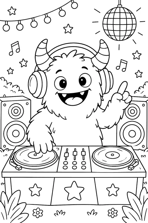 Monster dj with headphones and turntables coloring page