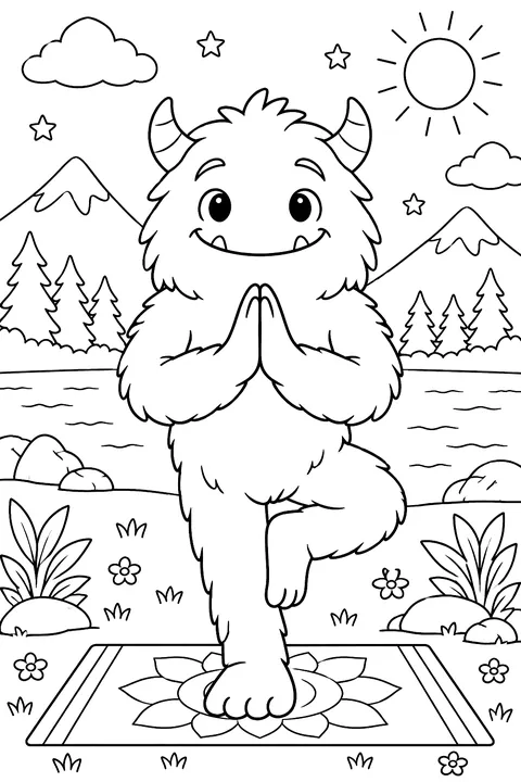 Monster doing yoga coloring page