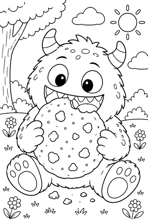 Monster eating a giant cookie coloring page