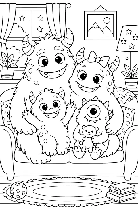 Monster family portrait on a couch coloring page
