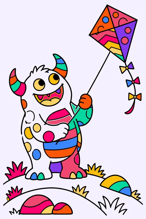 Monster flying a kite on a hill coloring page