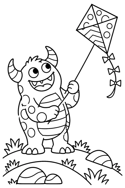 Monster flying a kite on a hill coloring page