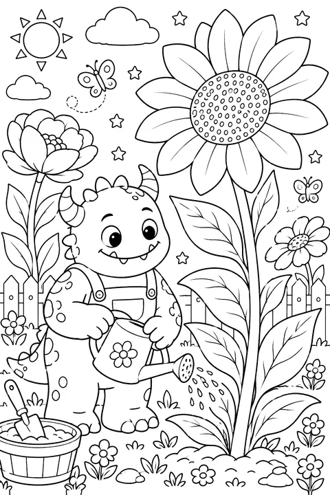 Monster gardening and growing giant flowers coloring page