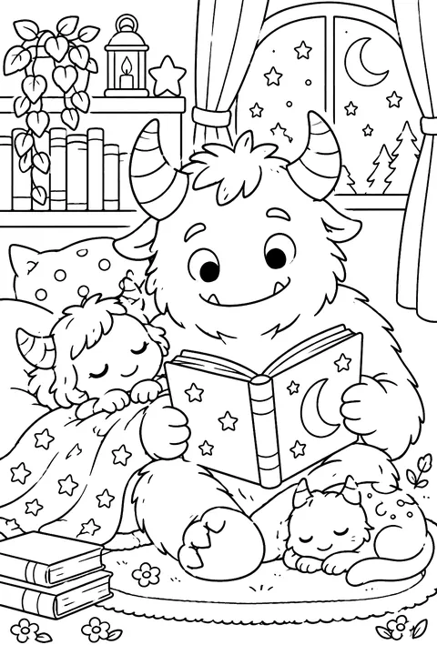 Monster with horns reading a bedtime story coloring page