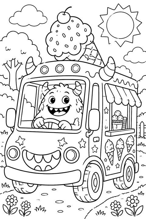 Monster ice cream truck with smiling monster driver coloring page