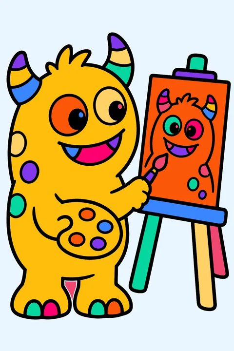Monster painting a self-portrait coloring page