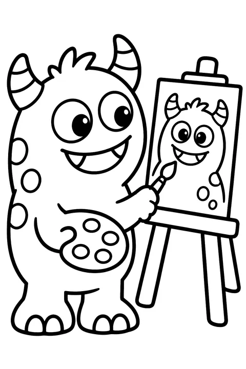 Monster painting a self-portrait coloring page