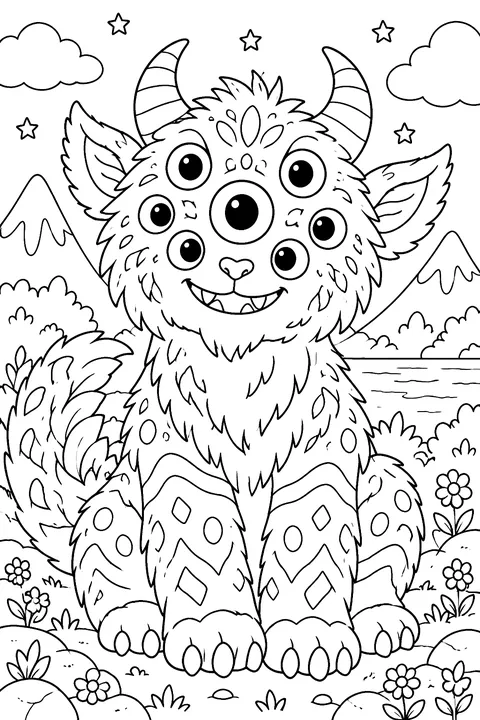 Monster with patterned fur and many eyes coloring page