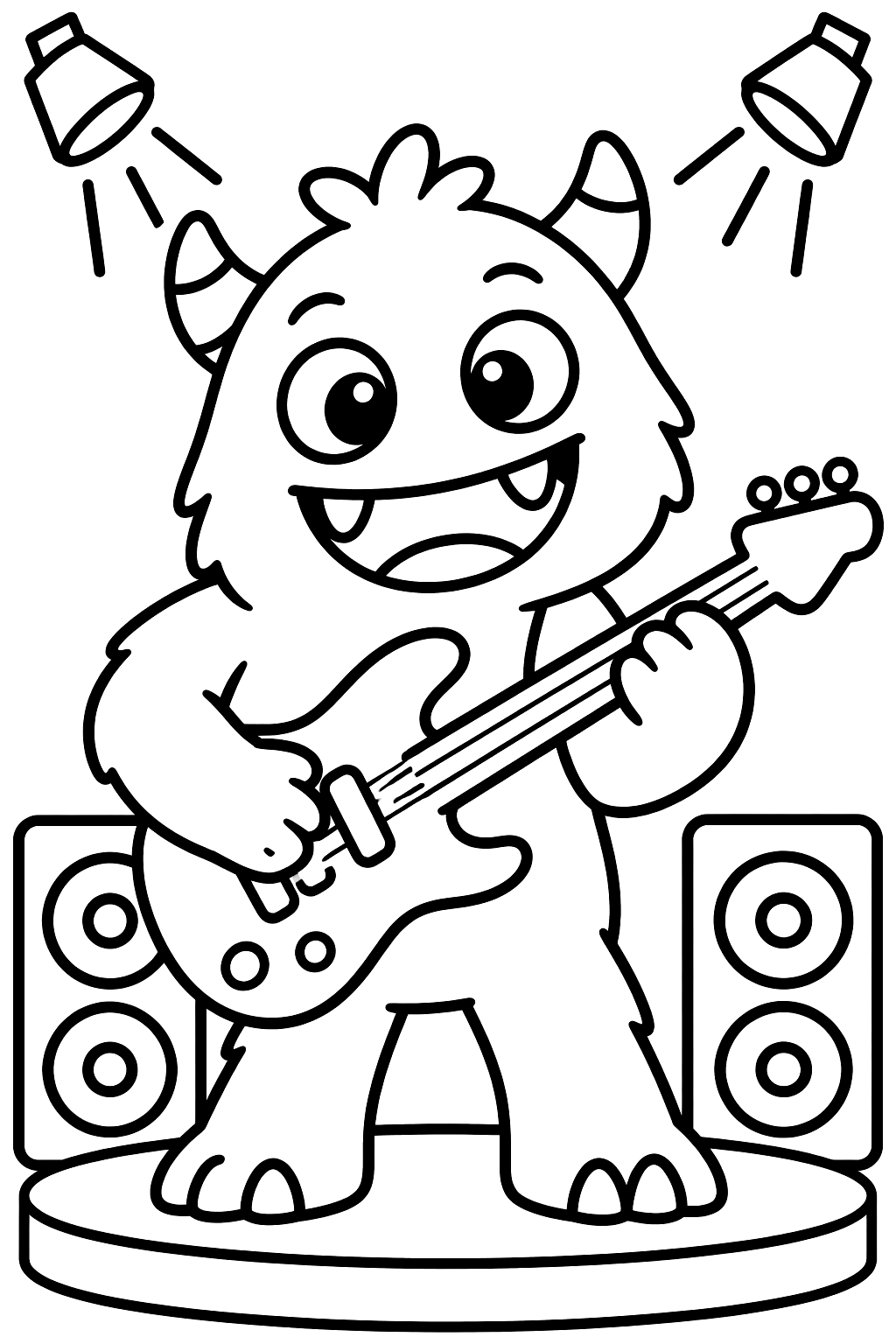 Monster playing guitar on a stage coloring page