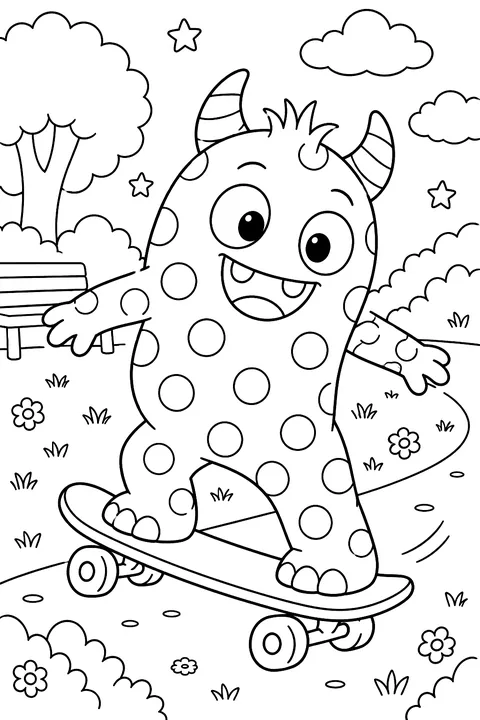 Monster with polka dots riding a skateboard coloring page
