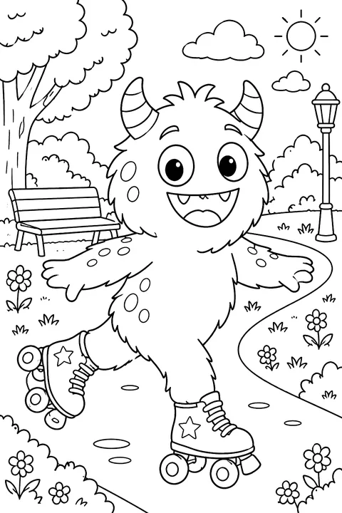 Monster roller skating in a park coloring page