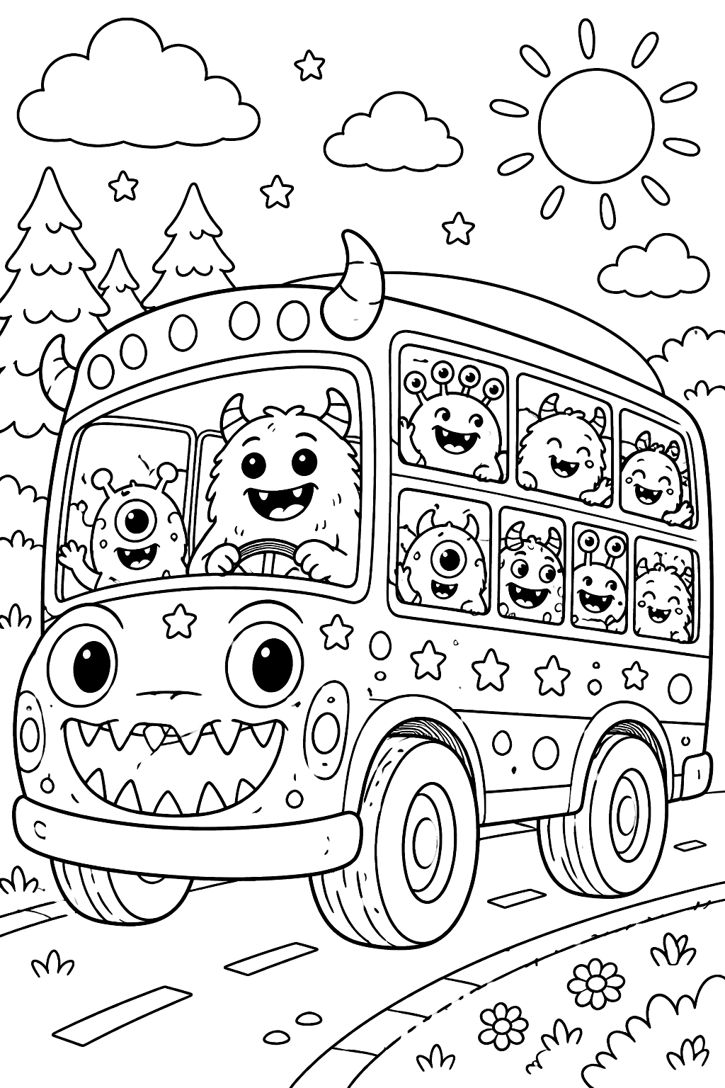 Monster school bus full of little monsters coloring page