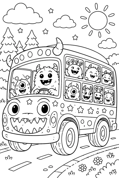 Monster school bus full of little monsters coloring page