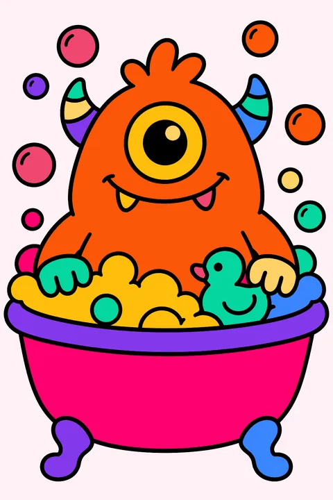 Monster sitting in a bubble bath coloring page