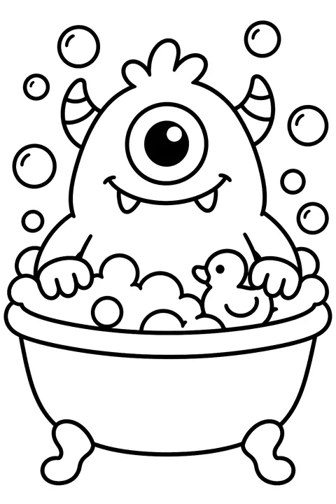 Monster sitting in a bubble bath coloring page
