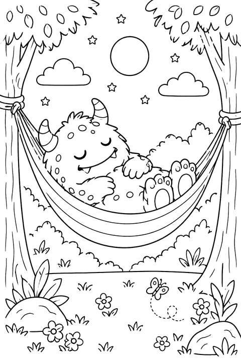 Monster sleeping in a hammock between trees coloring page