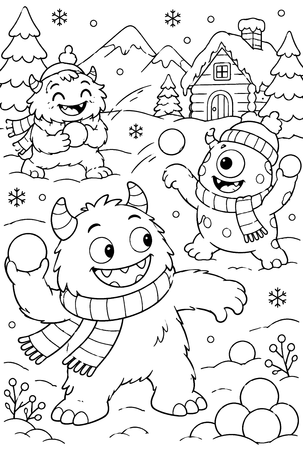 Monster snowball fight in winter coloring page