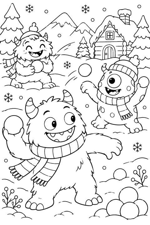 Monster snowball fight in winter coloring page
