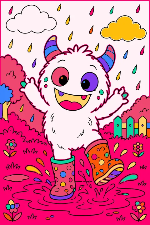 Monster splashing in a puddle in rain boots coloring page